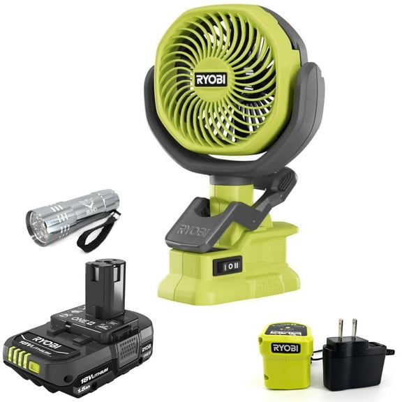 Buho Cordless 4 Inch Clamp Fan Bundle, Ryobi 1.5 Ah 18-Volt Lithium-ion Battery, Charger Pocket Flashlight