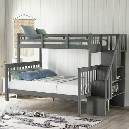 CLEARANCE! Stairway Twin-Over-Full Bunk Bed with Storage and Guard Rail for Bedroom  Dorm  fo Adults  Gray color