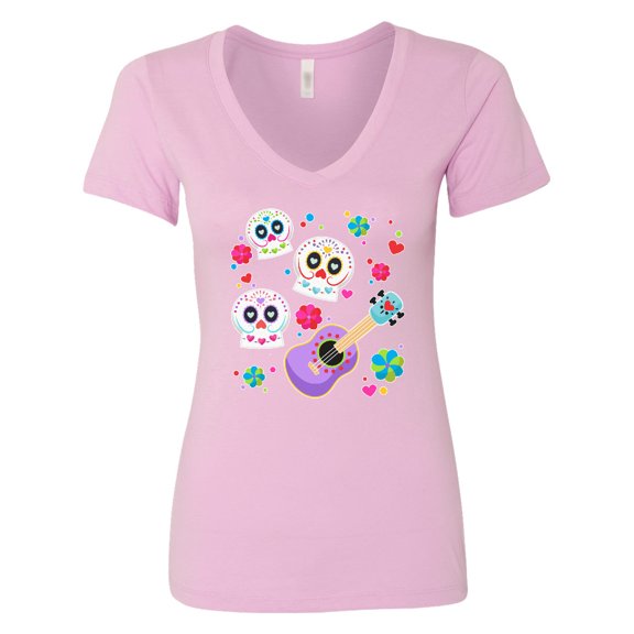 Inktastic Day of the Dead Owl Sugar Skulls and Guitar Women's V-Neck T-Shirt