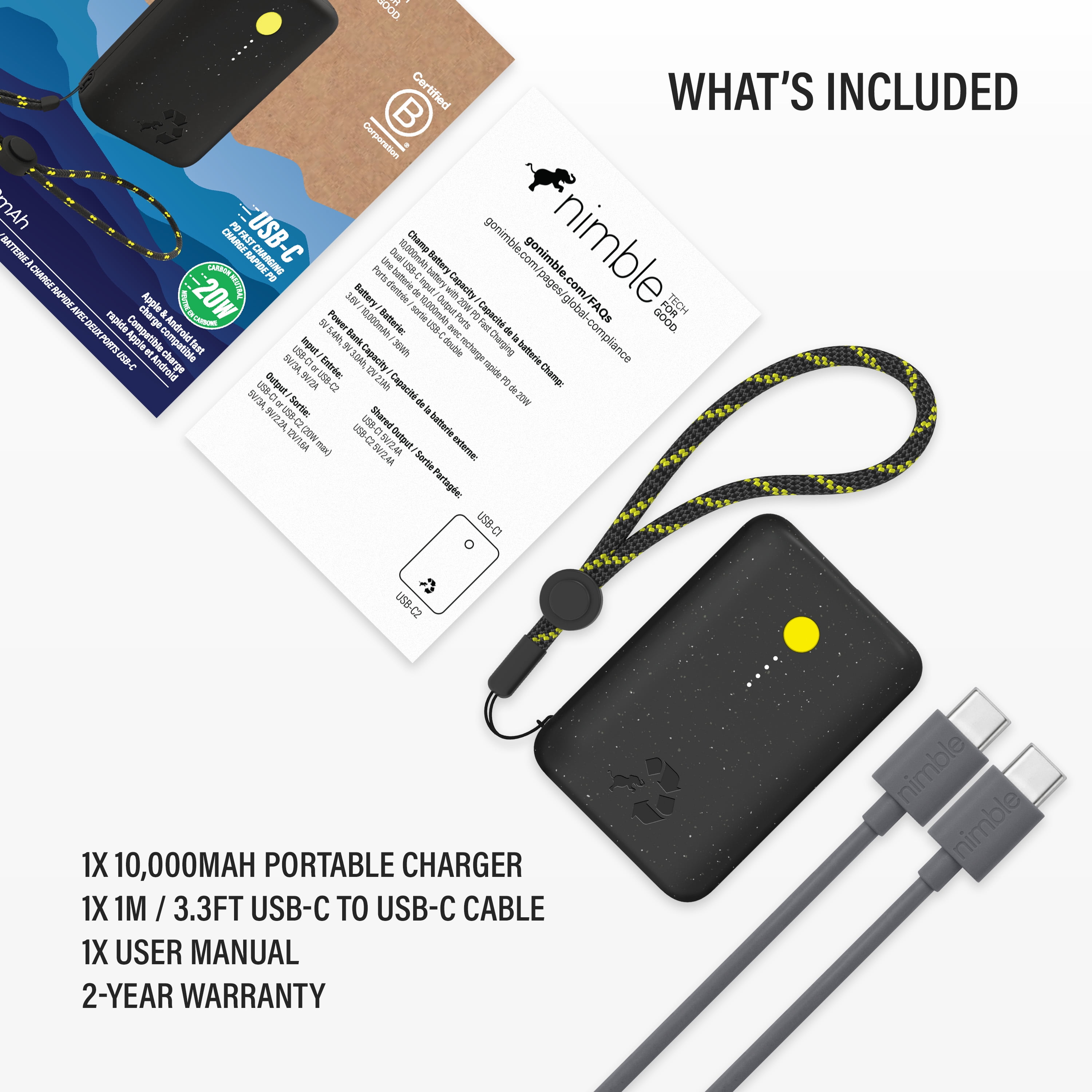 Champ Portable Charger, 10,000mAh Power Bank Fast Charging, 20W Dual USB-C Battery Pack with Cable, Travel Essential Power Bank for iPhone Laptops Galaxy Tablet Pixel iPad Macbook Kindle Airpod
