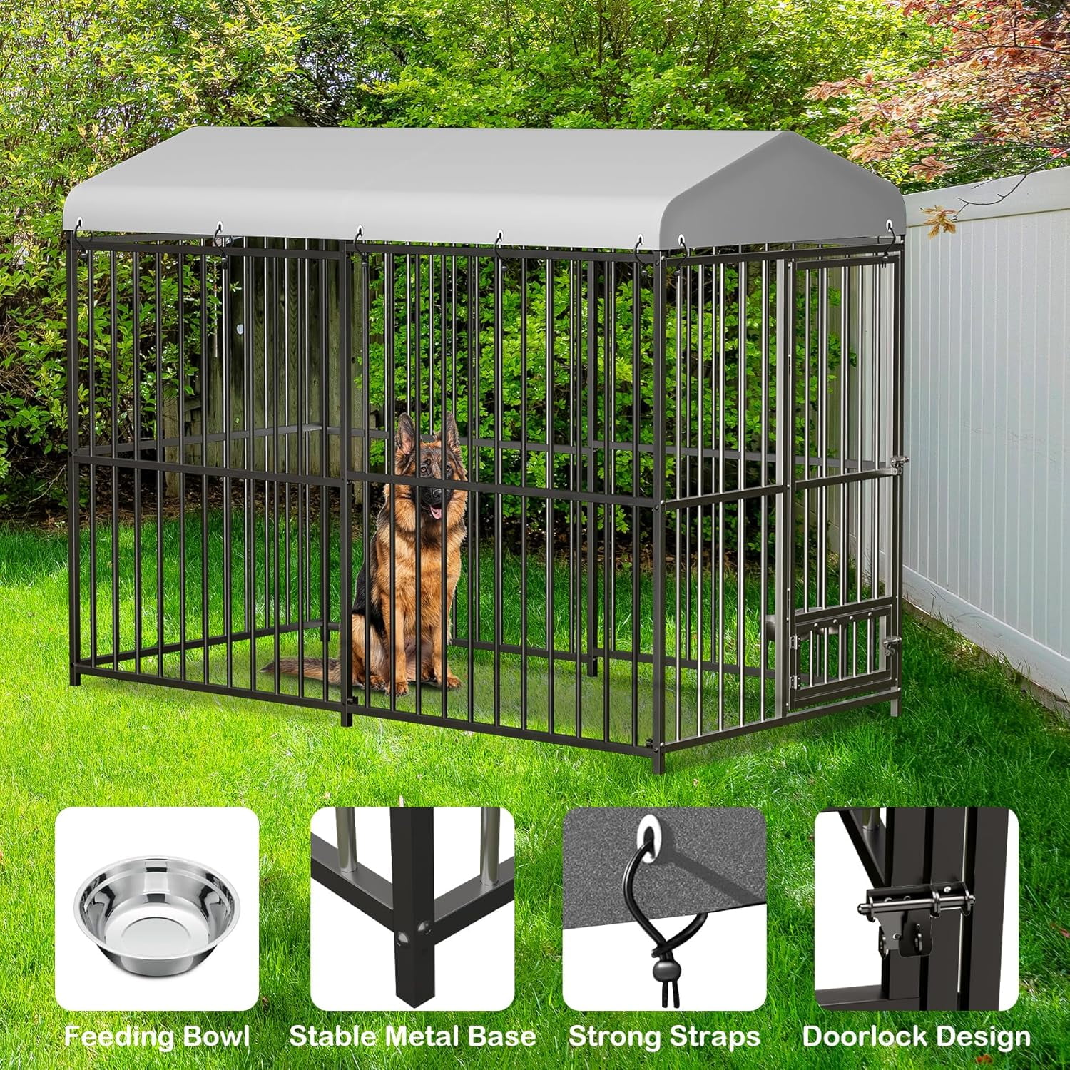 M optimized 8x4FT Dog Kennel Outdoor Dog Enclosures Heavy Duty Dog House with 2 Stainless Bowls, Feeding Door, Waterproof Roof Cover & Secure Lock, Metal Dog Playpen Fence