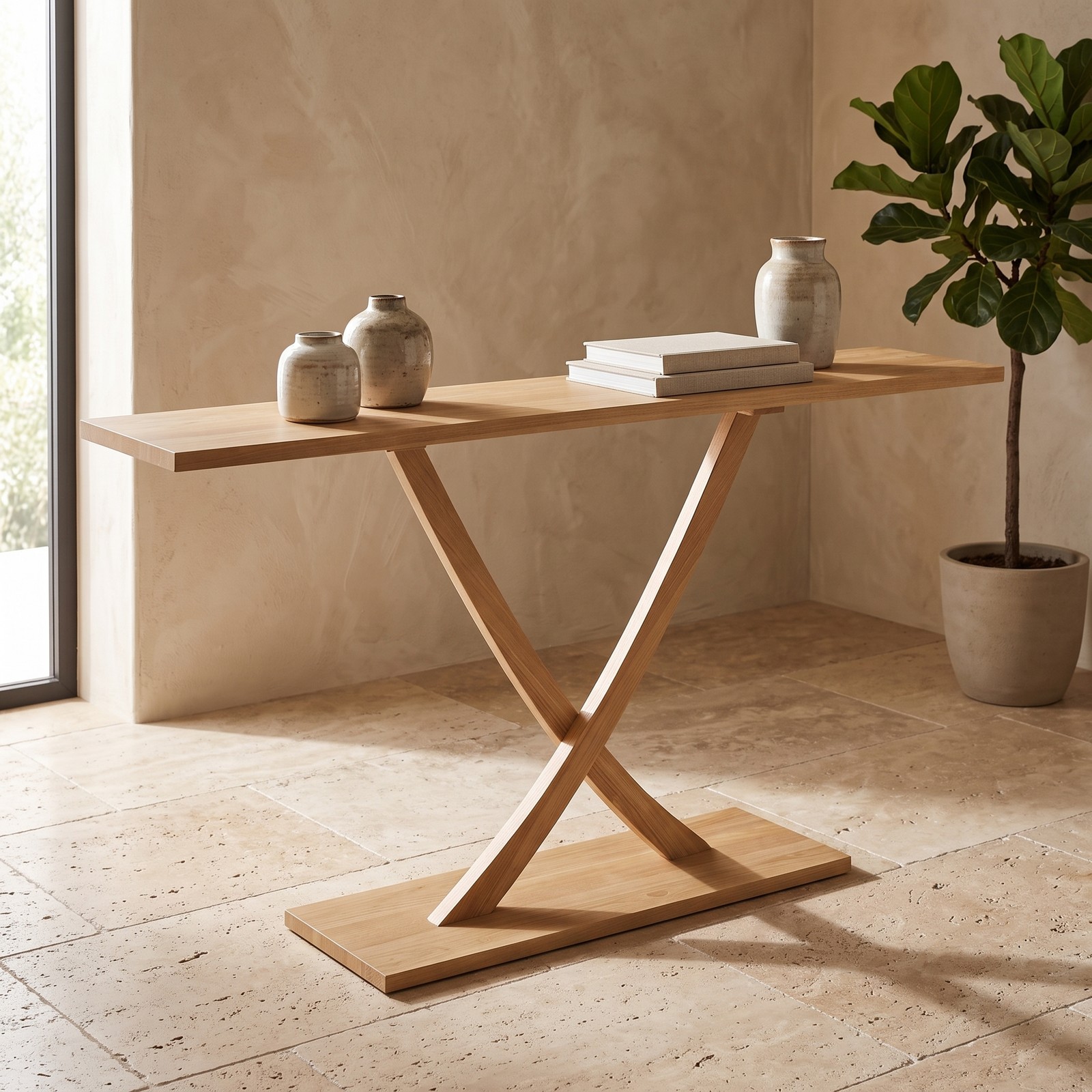 Furnibear 57 Inch Solid Wood Console Table with Teak Wood Frame and Geometric X-Shaped Base for Living Room and Entryway, Natural