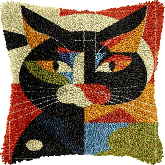 Abstract Colorful Geometric Cat Latch Hook Pillow Kits Color Printed Cushion Crochet Yarn Needlework DIY Hook Latch Kit Pillowcase Rug Cover Home Sofa Christmas Decoration 43x43cm(5)
