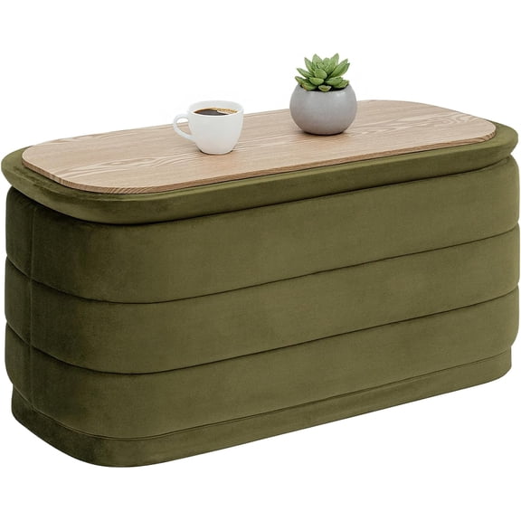 PINPLUS Ottoman with Stroage Square Velvet Ottoman and Tray Removable Foot Rest Coffee Table for Dorm, Living Room,Olive Green 30 inches