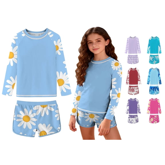 WAVSUF Girls Long Sleeve Swimsuit Built In Bra Quick Dry Top and Dolphin Short Summer Beach Rash Guard Swimwear 2 Piece Blue 10-12
