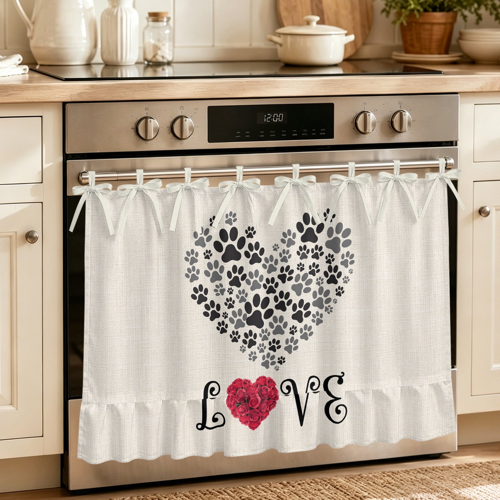 Romance Love Oven Curtain with Tie Top Oven Skirt Curtain for Kitchen Heart Dog Paw Prints Roses Beige Under OvenCover Panel for Dust & Grease Protection Apartment RV Cabinet Curtains 27 x20