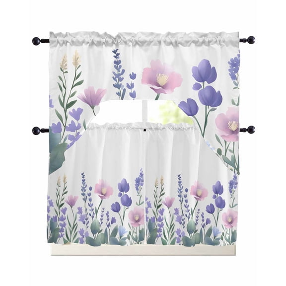 Watercolor Flowers Kitchen Curtains Sets 36 Inch Length with Valance, Spring Meadow Blooms Garden Lavender Swag Valances and Tiers Curtain Set Drapes Swag Curtains for Living Room, Bathroom, Bedroom
