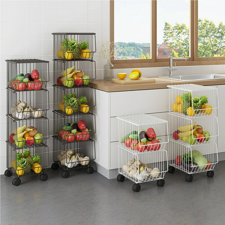 SNTD Fruit and Vegetable Basket Bowls for Kitchen with Metal Top Lid, 5  Tier Rotating Storage Rack Cart for Potato Onion Bread Banana, Wire Basket