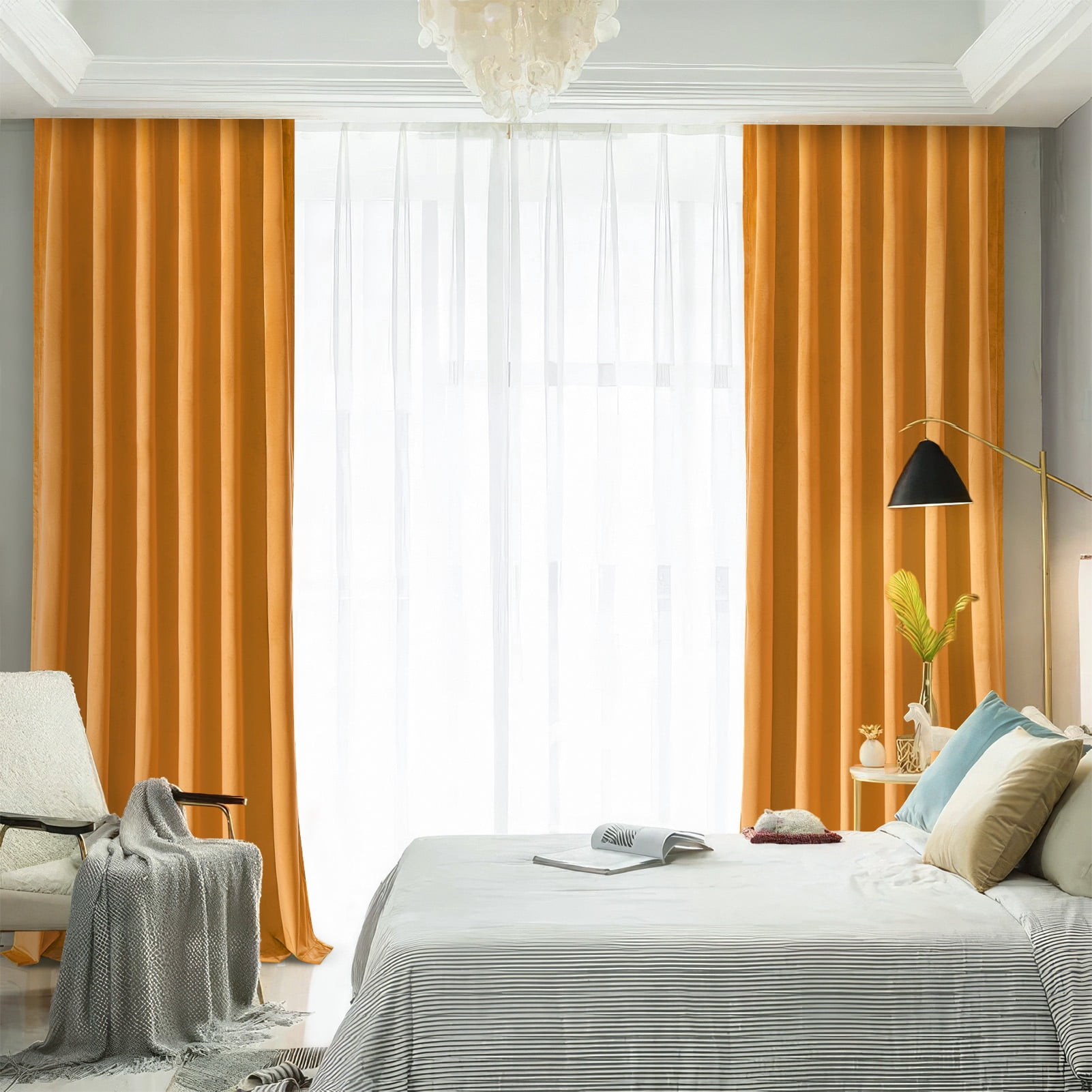 Jainmy Mustard Yellow Velvet Curtains 90 Inch Long for Living Room Bedroom Luxury Room Darkening Blackout Thermal Insulated Back Tab Drapes,52"x90", 2 Panels