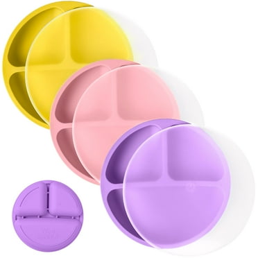 WeeSprout Toddler Plates, Silicone Divided Dishes for Kids, BPA-Free, 3 Pack, Pink/Purple/Yellow