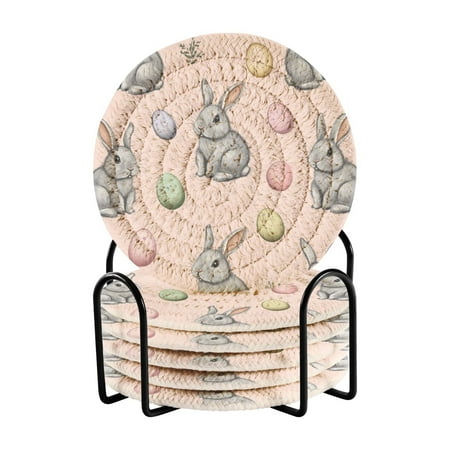 

6-Pack Coiled Coasters Set with Storage Rack Heat-Resistant for Home Office or Gift Grey Bunnies (3.94in Diameter)