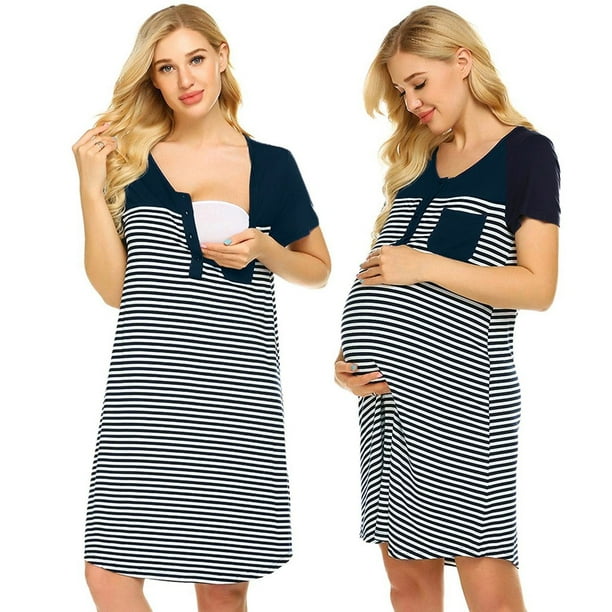 Dvkptbk Labor and Delivery Gown, Nursing Nightgown, Maternity Nightgowns  for Breastfeeding Short Sleeve Pocket Striped Nursing Dress For  Breastfeeding