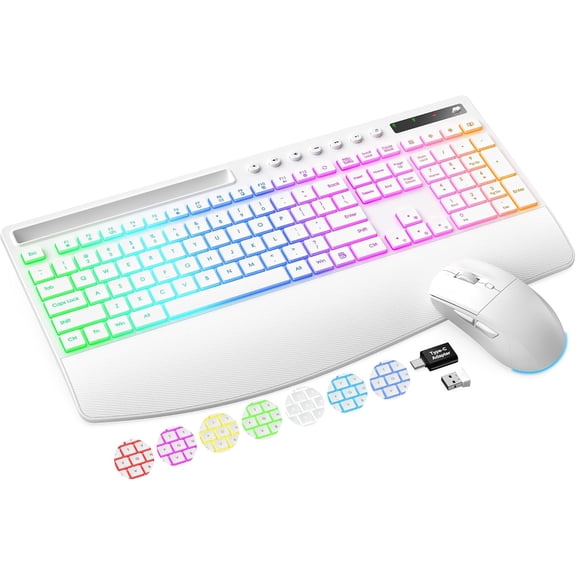 Wireless Keyboard and Mouse Combo, Rechargeable 4000mAh, RGB Backlit, Full Size Keyboard with Wrist Rest & Phone Holder, Quiet 2.4GHz Wireless, USB-A/C for Windows – Black