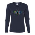 thumbnail image 2 of Colorful Rainbow Patterned Butterfly Animal Lover Womens Graphic Long Sleeve T-Shirt, Navy, Small, 2 of 3