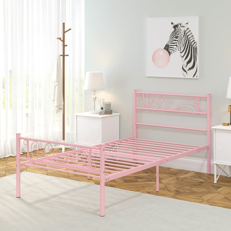 WeeHom Twin Size Metal Bed Frame for Girls Kids Single Platform Bed Frame with Headboard Footboard for Bedroom Pink