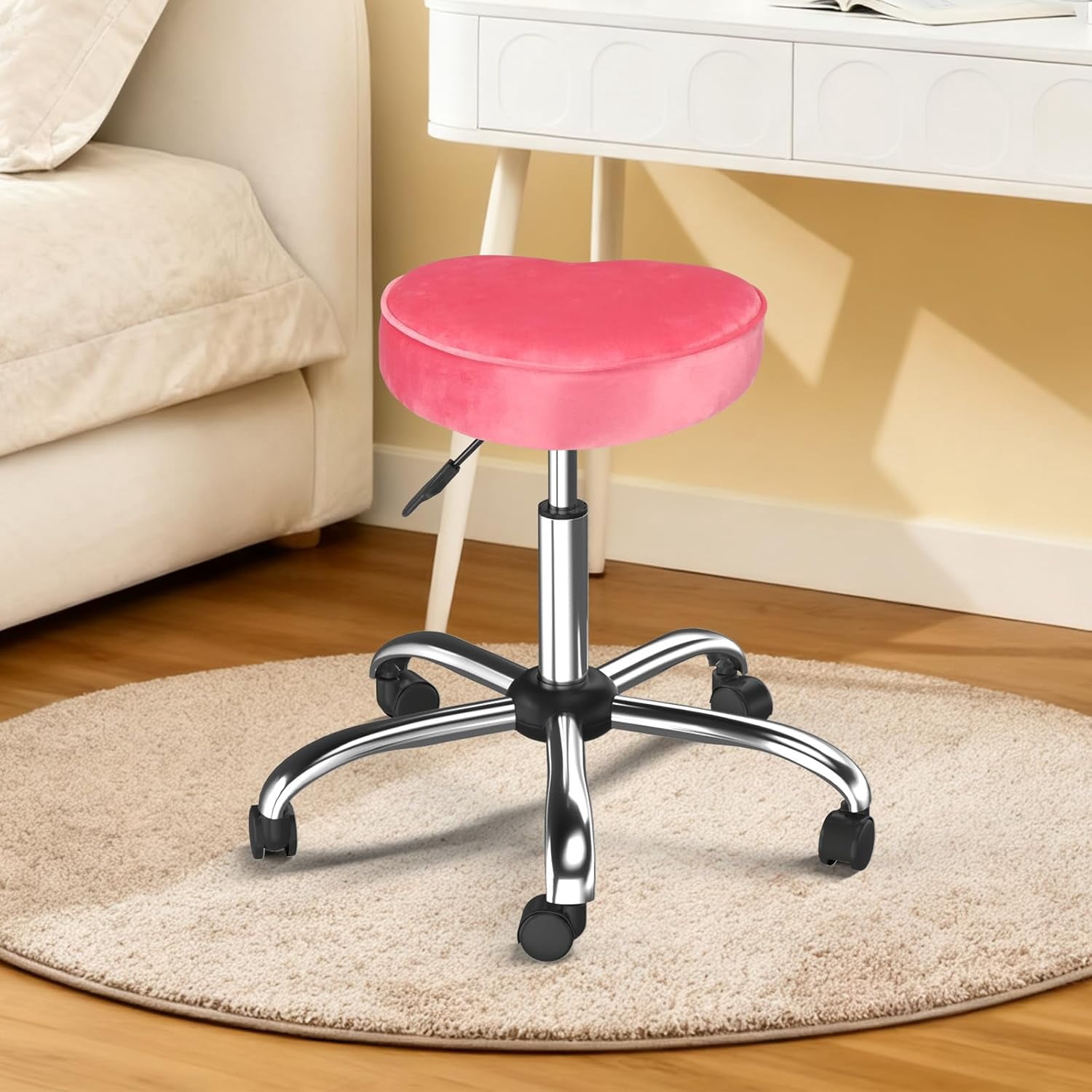 OmySalon Rolling Stool with Wheels, Hydraulic Massage Chair, Heart-Shaped Adjustable Salon Stool, Swivel Stools for Hair Stylist, Vanity SPA, Bar, Barber, Home Office, Tattoo, Hot Pink
