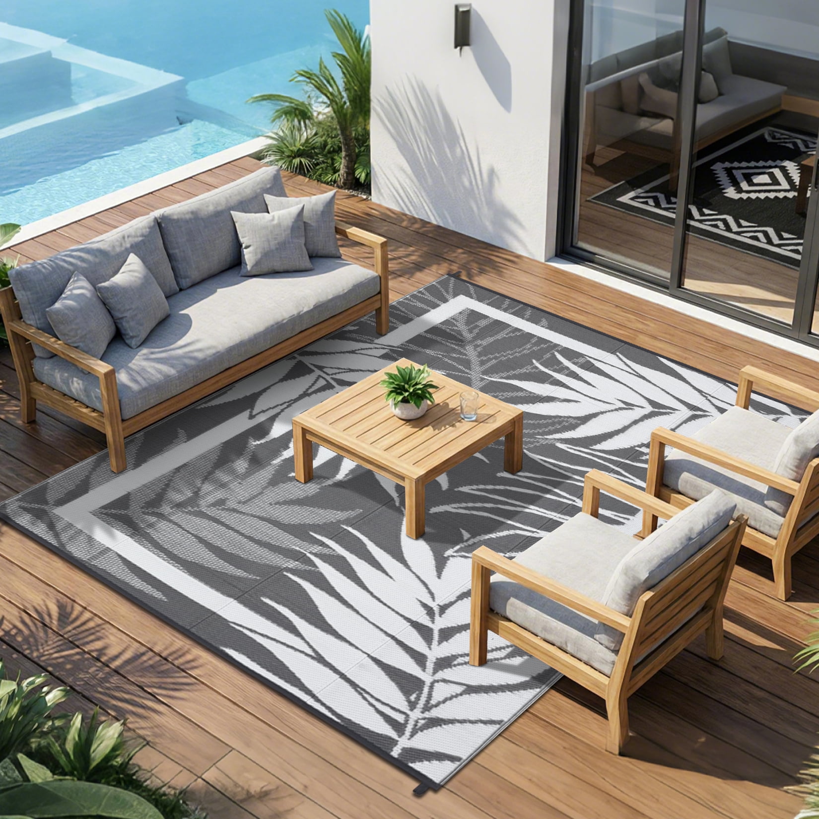 Nanan 9'x12' Outdoor Rug, Modern Leaf Print Waterproof Patio Rug, Outdoor Reversible Plastic Straw Rug for Camping, Deck, Bench, Picnic, RV, Grey White