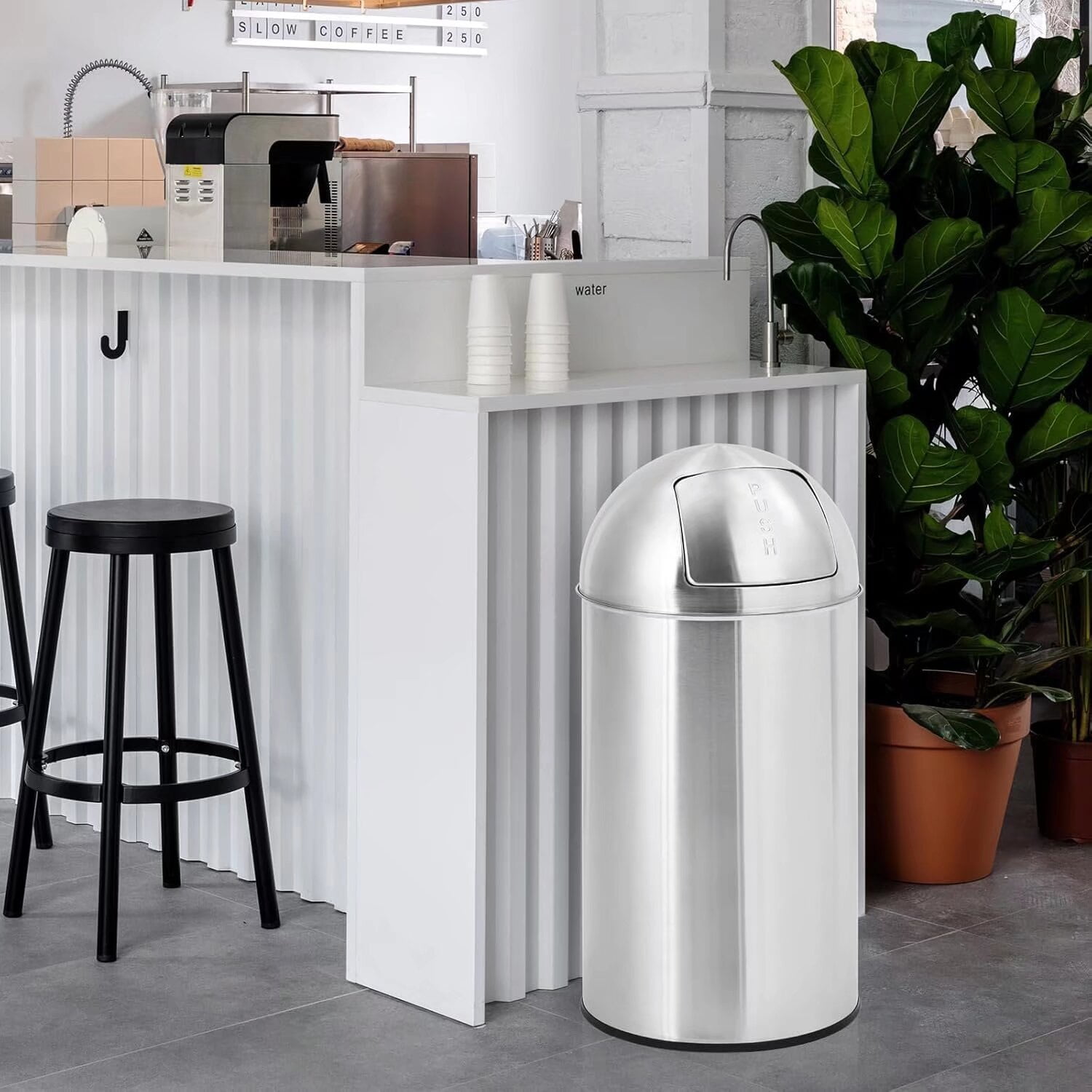 Garvee Commercial Classic Outdoor/Indoor Trash Can With Push Lid, Round, 13-Gallon, Stainless Steel Garbage Container Trash Bin For Lobby, Office, Restroom