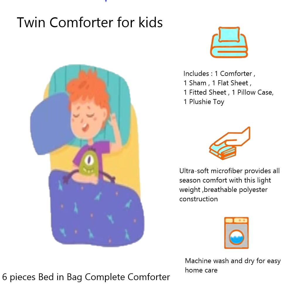 6 piece Twin dinosaur brown bed in bag comforter and sheet set for Kids and Teens
