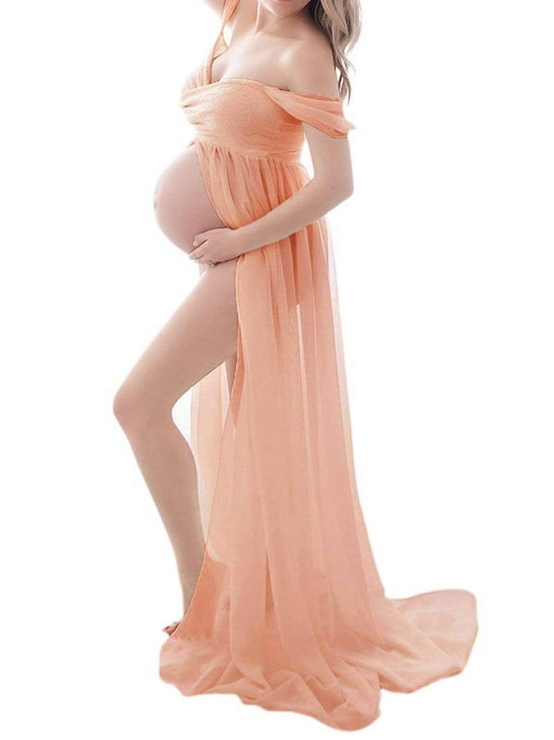 knee length dresses for ladies Pinkblush Cream Off Shoulder Ruffle Tiered Maternity Maxi Dress Small main image 1
