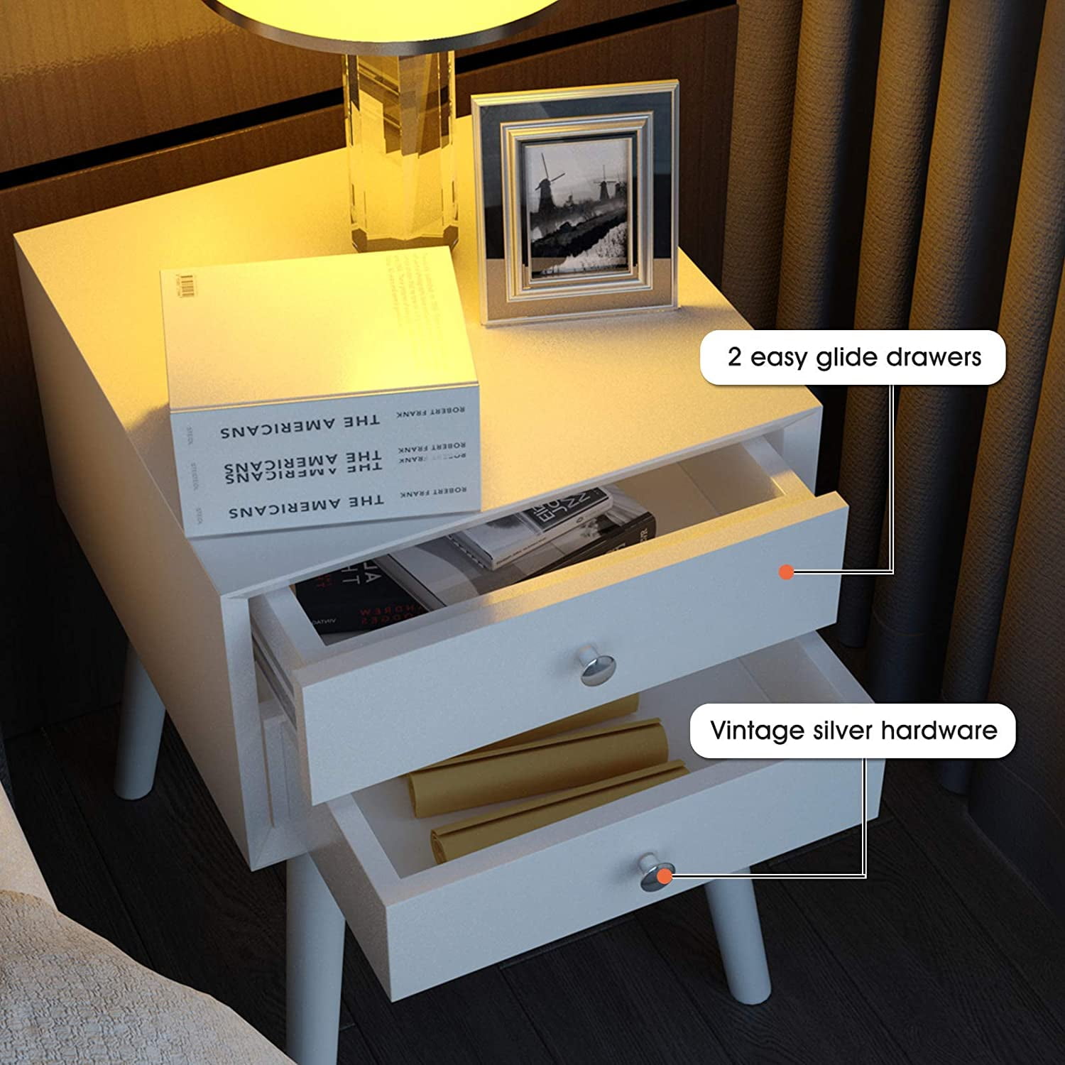 Giantex End Side Table Nightstand with Storage Drawer and Shelf, Wood Nightstand with 2-Drawers, Solid Wood Legs Living Room Bedroom Furniture