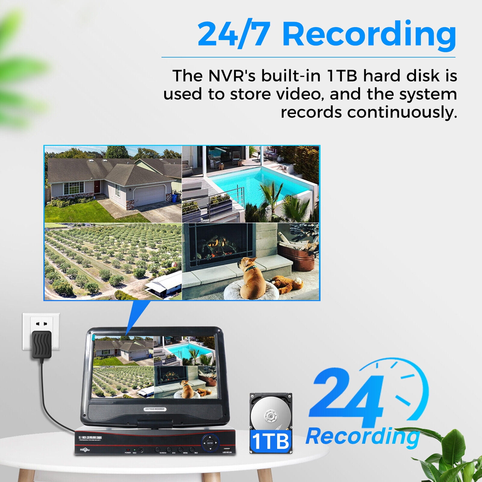 Hiseeu Security Camera System with 10.1'' Monitor, 1TB Hard Drive, 10 Channel NVR, 4Pcs Wireless Wi-Fi with Audio Recording, Waterproof, Night Vision, Home Security Camera (Supports Only 2.4Ghz WiFi)