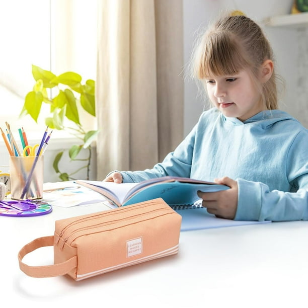 Estuche de lona de doble capa con gran capacidad - Bolsillo con cremallera a rayas para material escolar, de oficina y de estudiantes