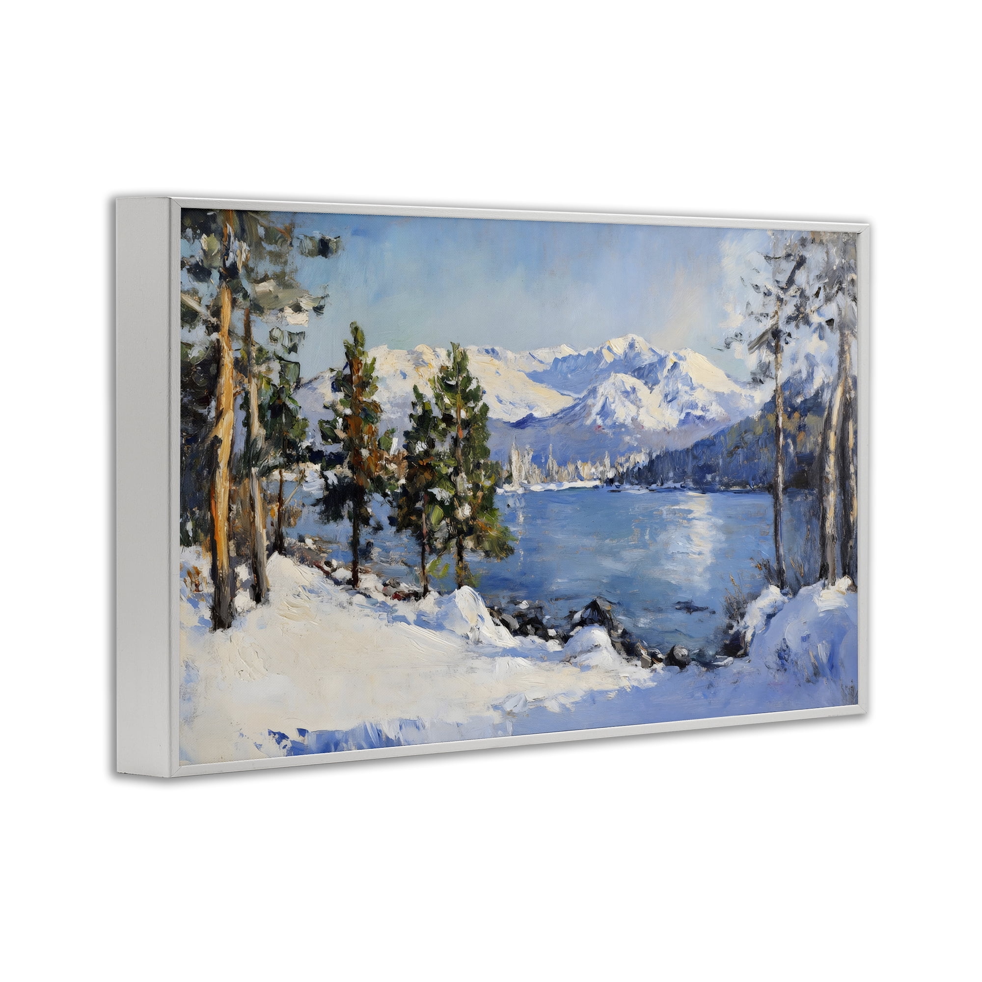 Winter Mountain Lake White Framed Giclee Art, design by Petal Prints Design