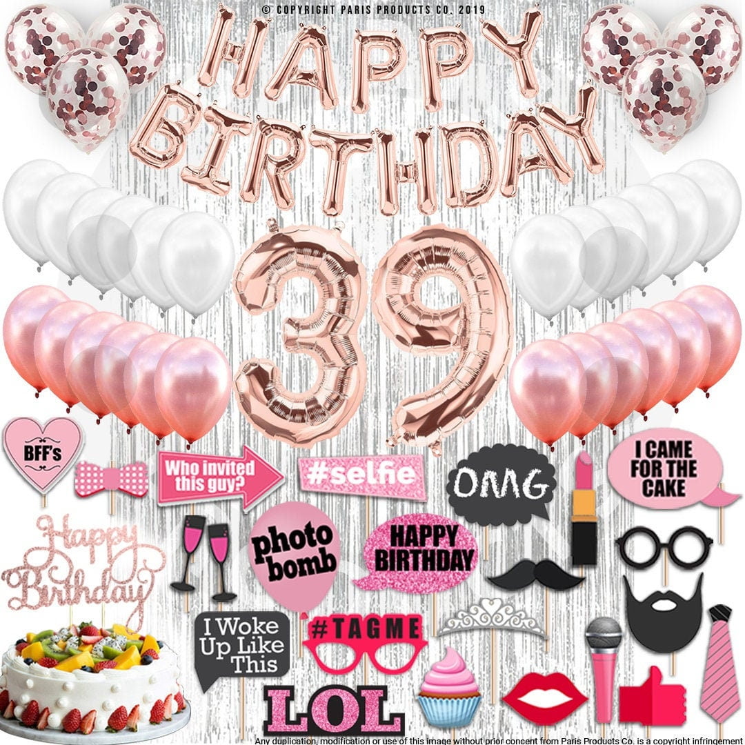 39th Birthday Decorations, Birthday Party Supplies, Thirty Nine Birthday Banner Rose Gold Confetti Balloons Her Photo, 39 Bday Cake Topper - Walmart.com