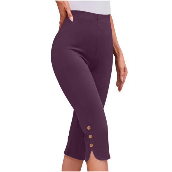 Nkmbld Womens Capris Summer Solid Color Capris Matching Slim Fitting Yoga Gym Pants Leggings with Button