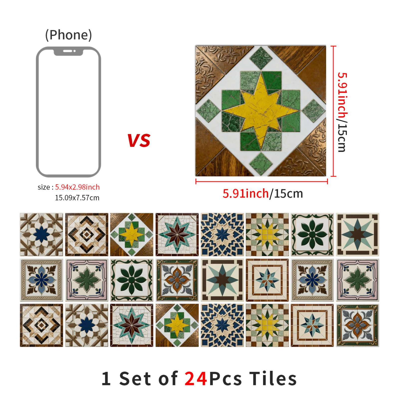 24PCS Mediterranean Style Peel and Stick Wall Tile Decals - 6"x6" Vintage Waterproof Vinyl Moroccan Bohemian Stickers for Kitchen Backsplash, Bathroom, Stair Riser Decor