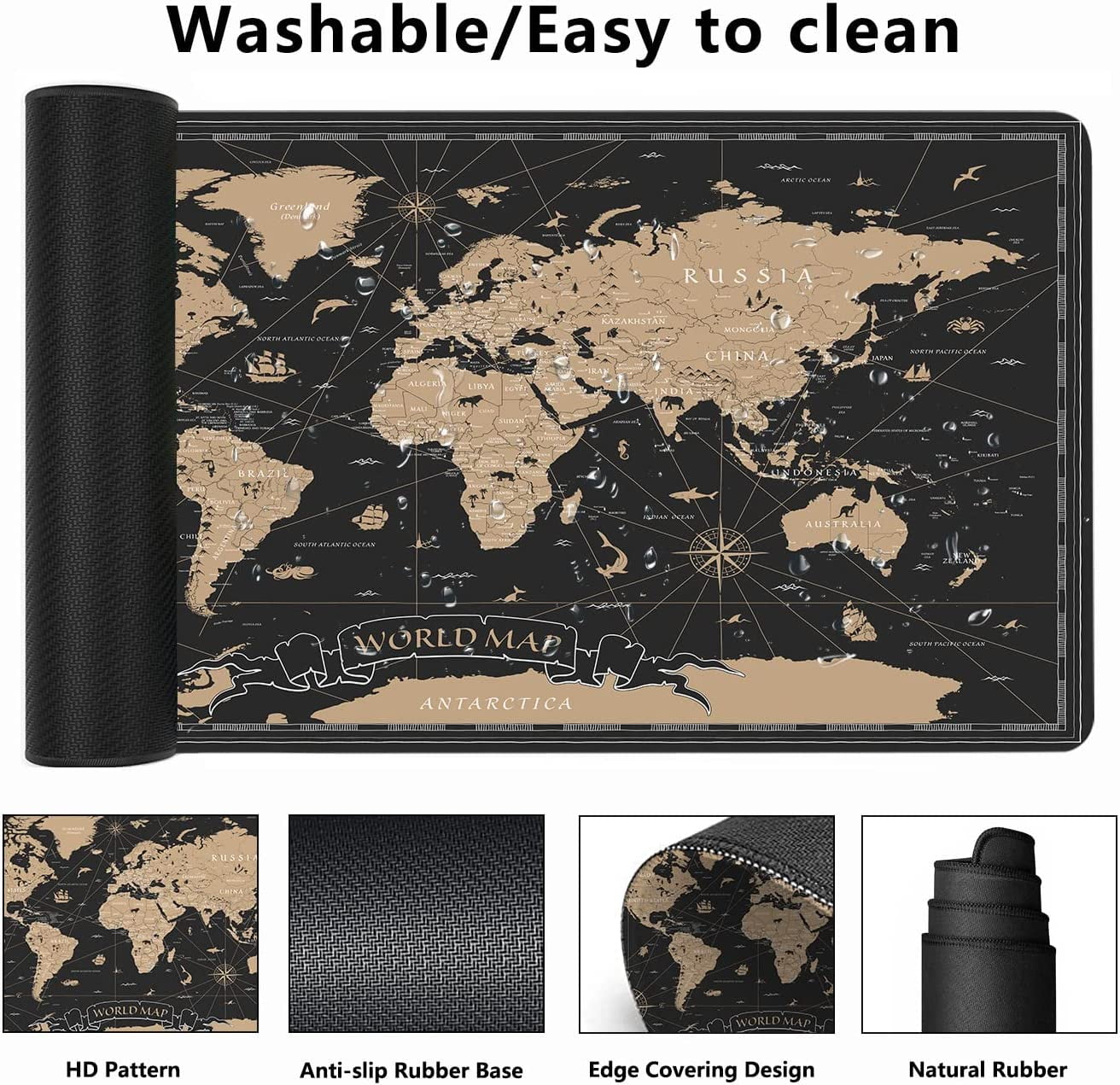 Vintage World Map Desk Mat,Black Golden World Map Extended Gaming Mouse Pad,Large Non-Slip Rubber Base Mousepad with Stitched Edges,Waterproof Mouse Mat Desk Pad for Office Game Home 35.4x15.75 in