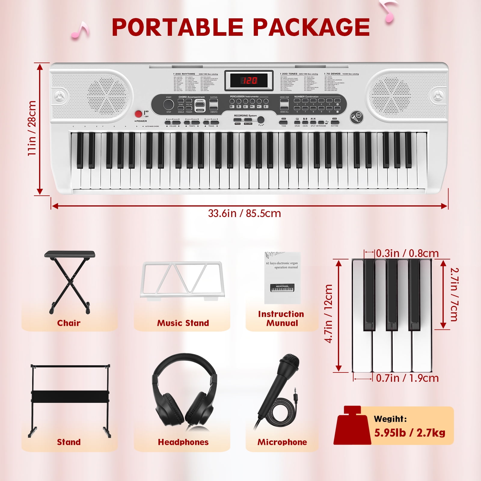 SUGIFT 61 Key Electric Keyboard Piano with Lighted Keys Portable Piano, White