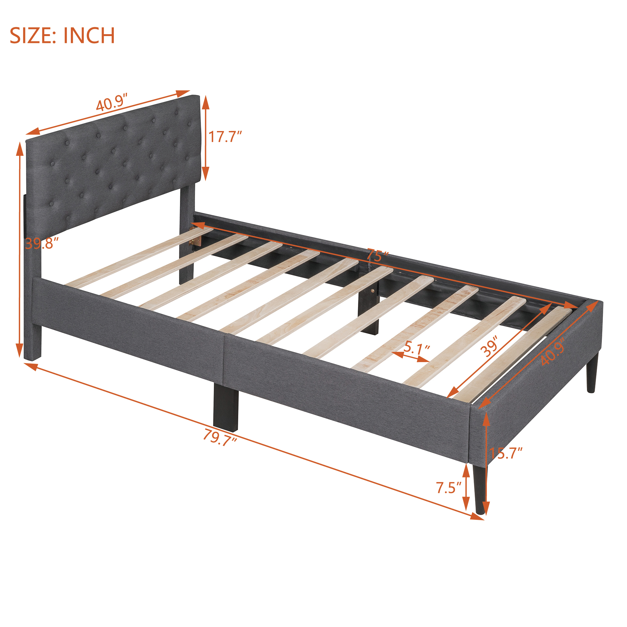 Modern Upholstered Platform Twin Bed Frame, Heavy Duty Twin Bed Frame with Headboard, Gray Twin Bed Frame with Wood Slat Support, Mattress Foundation for Adults Kids, No Box Spring Needed, Q10586 - image 4 of 10