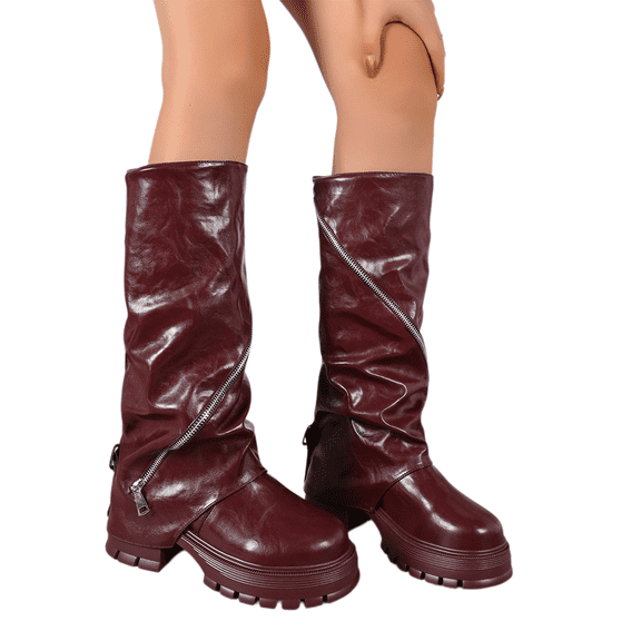 Willtoo Women’s Ruched Slouch Mid‑Calf Platform Boots, Faux Leather Lug Sole Chunky Block Heel Boots, Full Side Zipper Trendy Street‑Style Boots