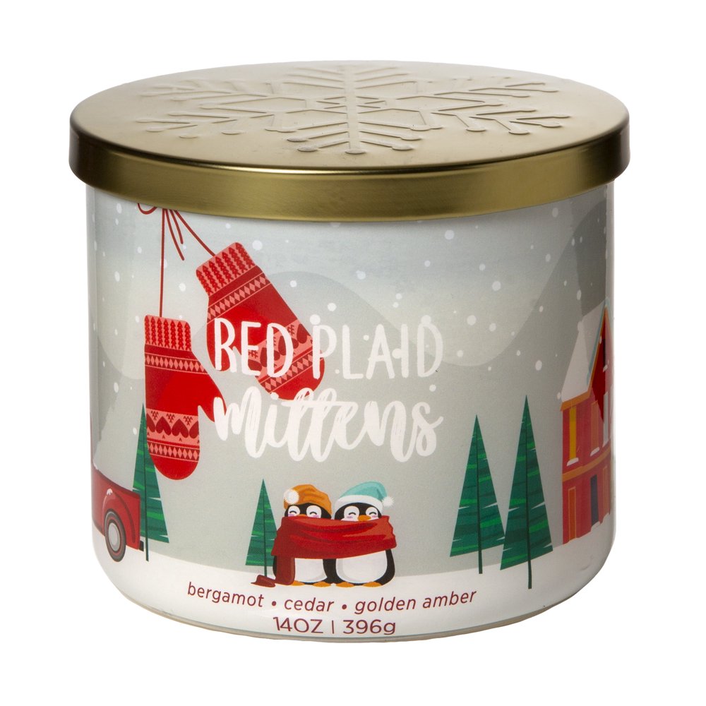 Mainstays Scented Single Jar Candle, Red Plaid Mittens, 14 oz
