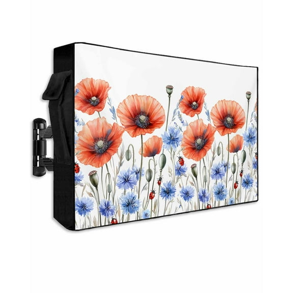 Blue Flower Outdoor TV Cover 48 to 50 Inch Weatherproof, Watercolor Red Bloom Floral Independence Day 600D Oxford TV Covers with Waterproof Zipper, Outside Flat TV Screen Protector 48"Wx30"Hx4.5"D