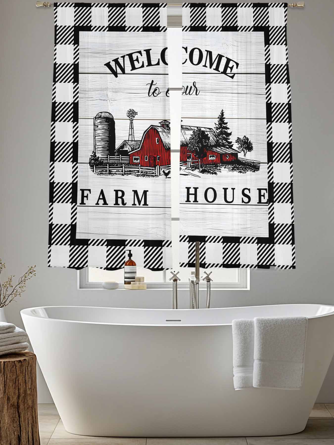 Welcome to Our Farm House Sheer Curtains for Living Room Bedroom, Red Barn Vintage Black White Plaid Wood Grain Light Filtering Sheer Curtains, Rod Pocket Voile Window Drapes, 2 Panels Set 52"x 63"