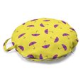 thumbnail image 1 of Umbrella Round Floor Cushion with Handle, Print of Colored Rain Accessory Patterns Along Retro Design Seasonal Art, Pillow for Living Room & Dorms, 18" Round, Yellow and Violet, by Ambesonne, 1 of 4