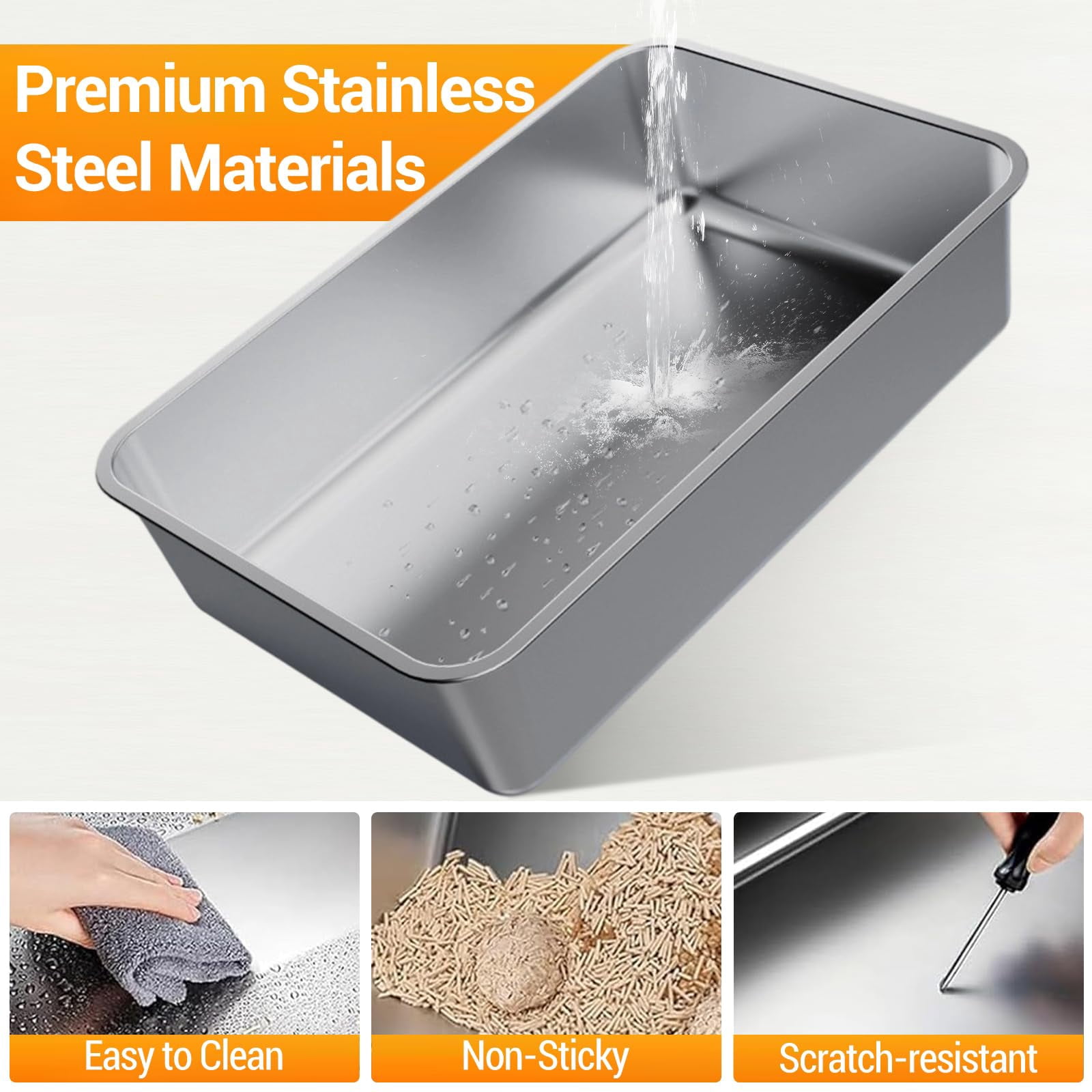 XL Enclosed Stainless Steel Cat Litter Box - Large 60x40x38cm Litter Box, 20L Capacity with Lid and Scoop, Double Entry Design, Hygienic and Odor-Free for Large Cats, Grey,3PCS