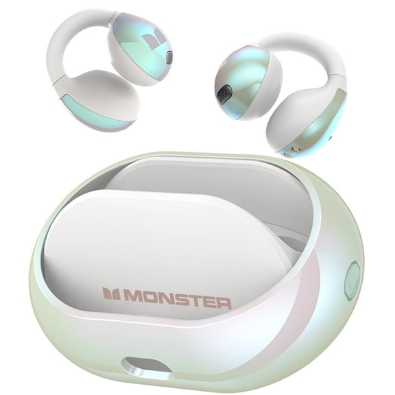 Monster Bluetooth Wireless Headphones Bone Conduction Ear Clip Bluetooth 5.4 Earphone Multi Mic AI noise Cancelling Wireless Earbuds, White
