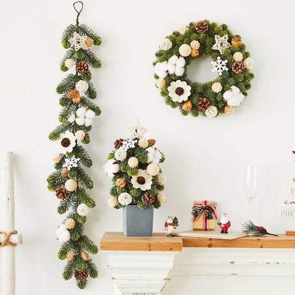 Mini Tabletop Christmas Tree & Artificial Christmas Garland Norfolk Wreath & Christmas Rattan with Berries, Pinecones, and Ornaments, for Home Party Thankgivings Xmas Indoor Decorations
