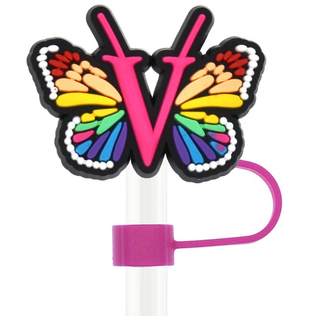 Tapón de paja a prueba de polvo con forma de mariposa y letras de 10 mm, hebilla decorativa creativa de paja de dibujos animados, tapón de paja de plástico suave de PVC