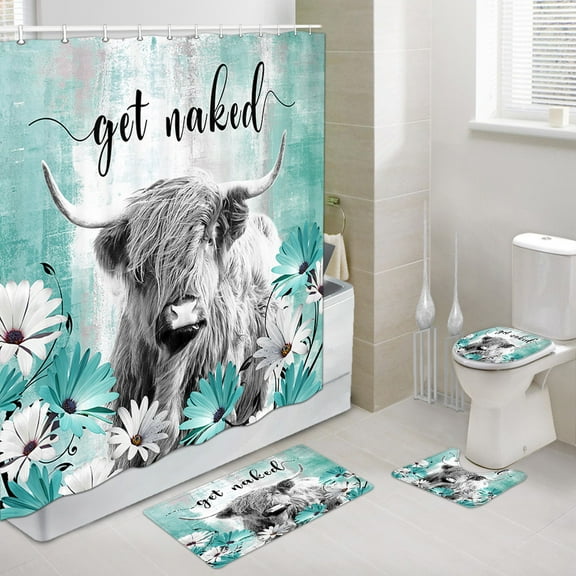 Farmhouse Cow Shower Curtain Sets, Grey Funny Highland Cow Western Bathroom Sets with Shower Curtain and Rugs,Bathroom Decor Rug Toilet Lid Cover and Non-Slip U Shape Mat, Waterproof Shower Curtain