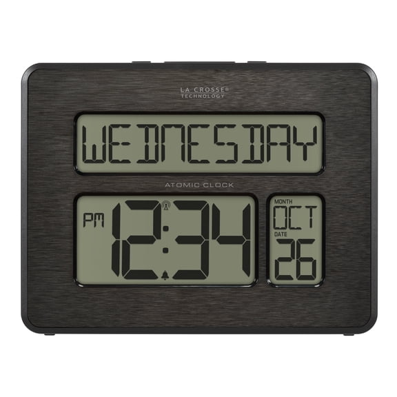 La Crosse Technology Atomic Digital Wall Clock with Calendar and Indoor Temperature, Black, 513-1419C-INT