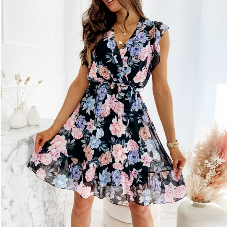 Womens Dress Clearance Plus Size Summer Casual Midi Clearance Dresses For  Women 2023 Womens Casual V-Neck Butterfly Short Sleeve Floral Print Mini