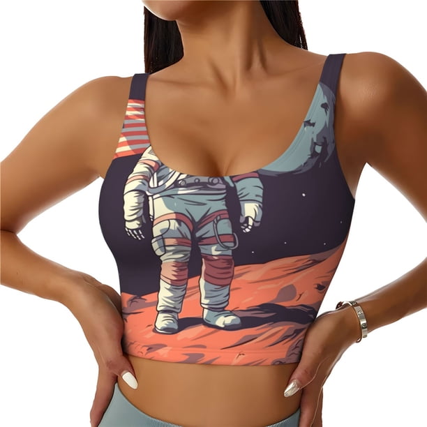 Balery Astronaut With American Flag Sujetadores deportivos con espalda cruzada para mujer, acolchados, sin costuras, de alto impacto, ideales para yoga, gimnasio, entrenamiento y fitness.-