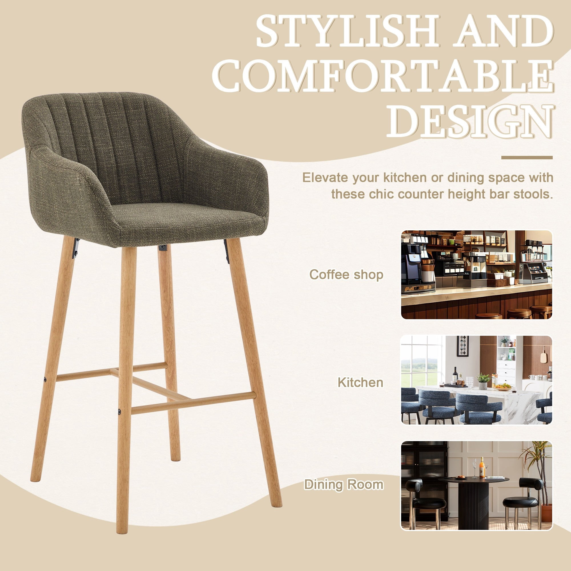 Sailvan Set of 2 Modern Bar Stools,Linen Upholstered Kitchen Island Chairs with Back & Arms,Solid Wood Legs Tall Counter Stools Green