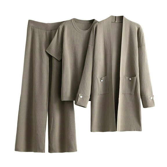 Womens Outfit Sets Sevevn Women's 3-Piece Knitted Suit Casual Set Long Sleeve Pocket Cardigan Coat Round Neck Blouse Elastic Waist Trousers