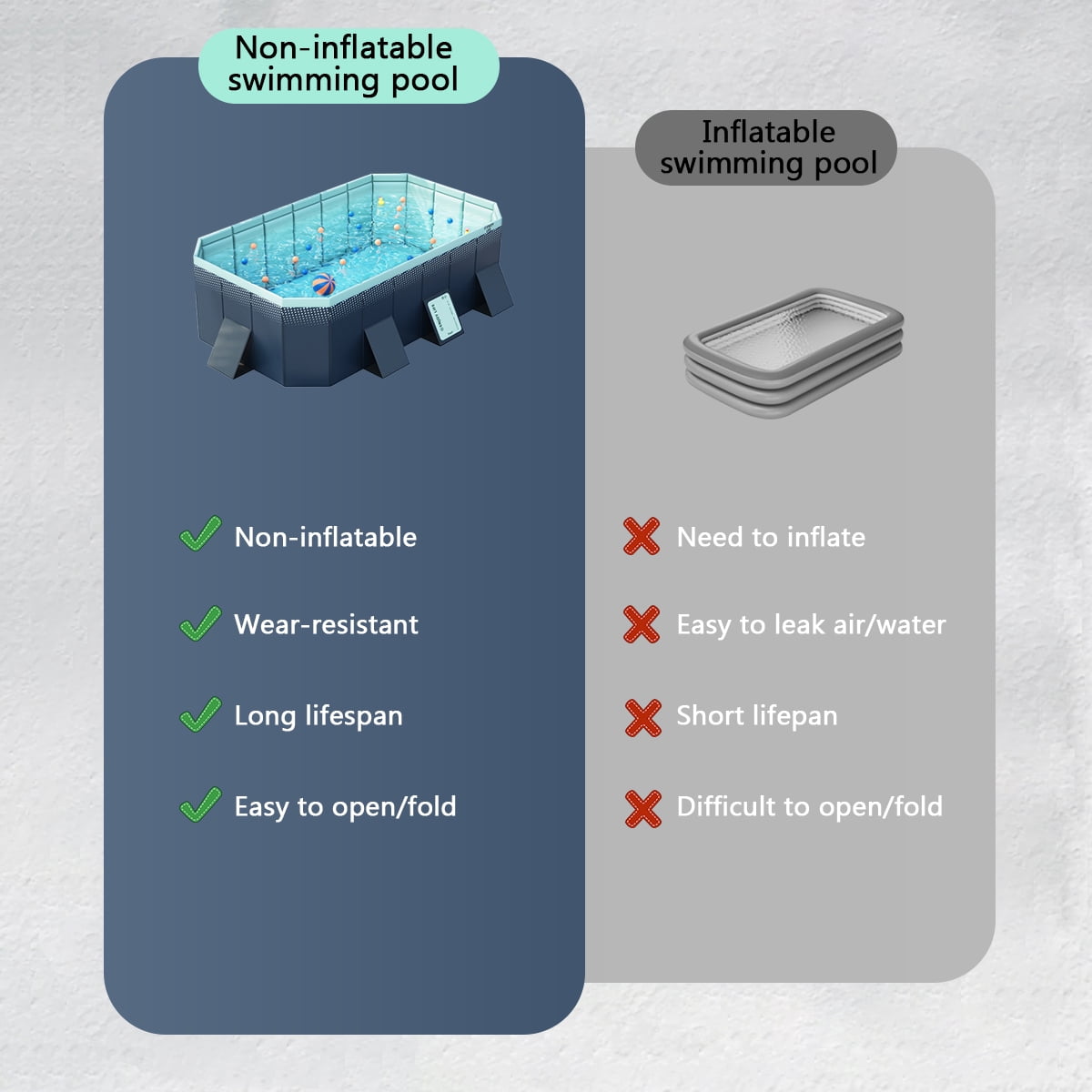 Jonster Foldable Non-Inflatable Swimming Pool, Rectangular, Dark Blue, 102in, 590 Gallons